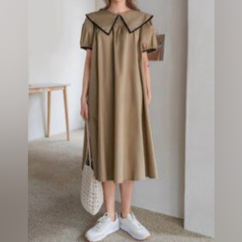 New! DAZY Contrast Binding Sailor Collar Puff Sleeve Dress Khaki